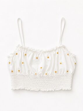 American Eagle Outfitters White Daisy-Embroidered Smocked Crop Cami Top